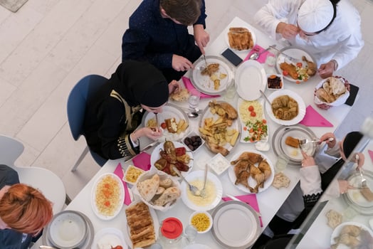 Top view of muslim family having Iftar during Ramadan holy month photo