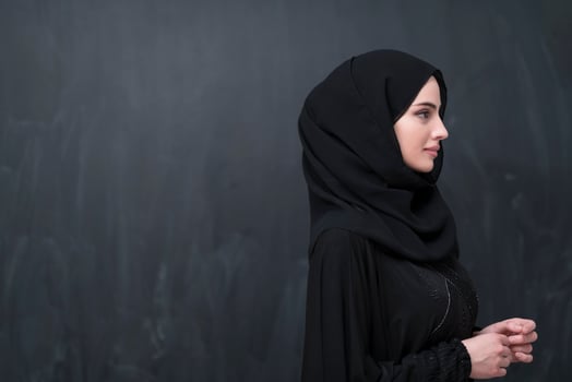 Portrait of beautiful muslim woman in fashionable dress with hijab in front of black chalkboard representing modern islam fashion and ramadan kareem concept photo