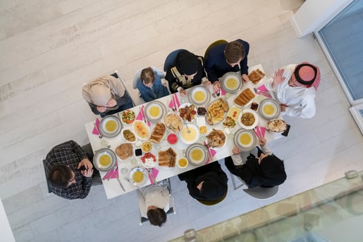 Top view of muslim family having Iftar during Ramadan holy month photo