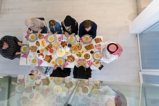 Top view of muslim family having Iftar during Ramadan holy month photo