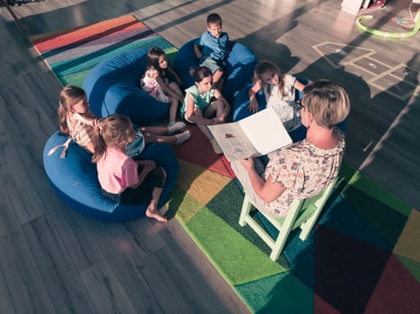 Reading time in elementary school or kindergarten, teacher reading a book to kids in elementary school or kindergaden. Selective focus photo