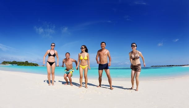 group of happy young people have fun on bach photo