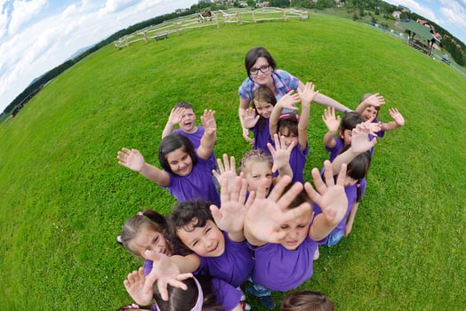 happy kids group with teacher in nature photo