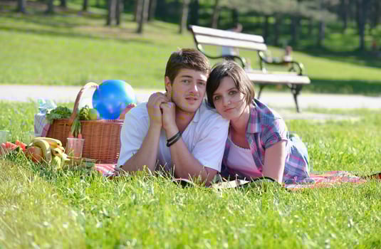 happy young couple having a picnic outdoor photo