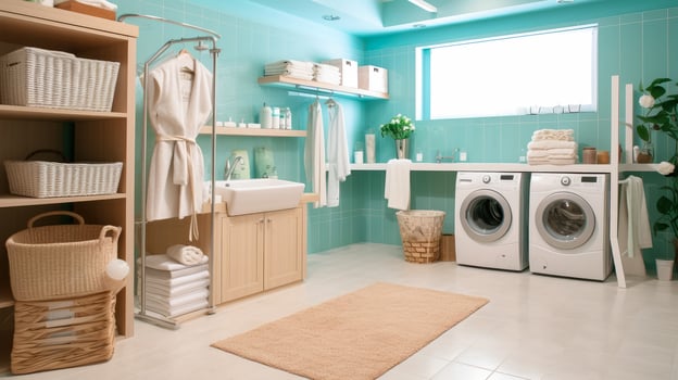AI generated Interior clean white laundry room with front load washer and dryer units , Ai generative photo