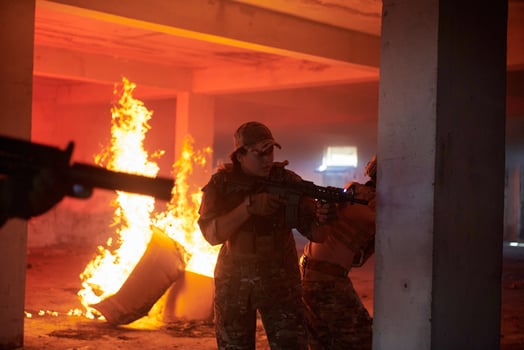 military troops in action urban environment photo
