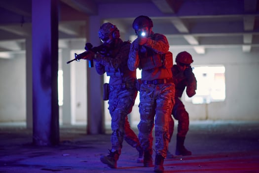 Soldiers squad  in tactical formation  having action urban environment photo