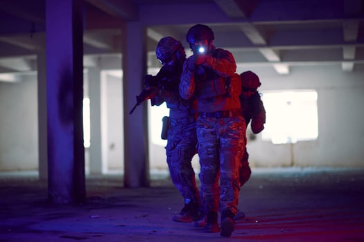 Soldiers squad  in tactical formation  having action urban environment photo