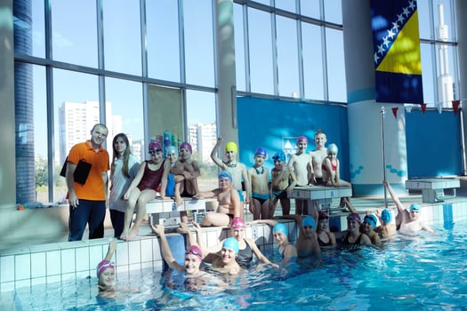 happy children group  at swimming pool photo