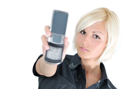 portrait of young blonde business woman holding new modern cellp photo