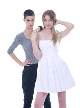 two happy girl's portrait isolated on white background photo