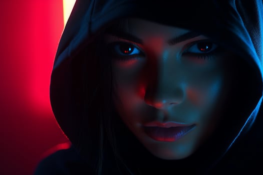 a woman in a black hoodie with red eyes photo