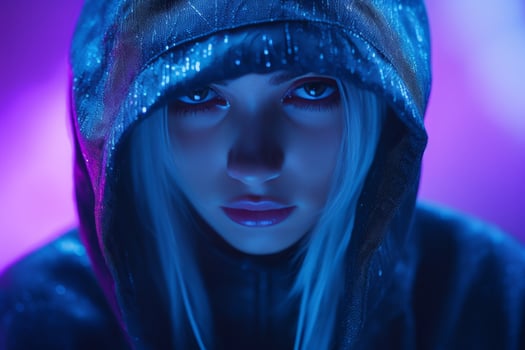 a woman in a hoodie with blue eyes photo