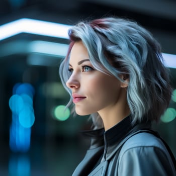 portrait of a young woman with blue hair in the city at night generative ai photo