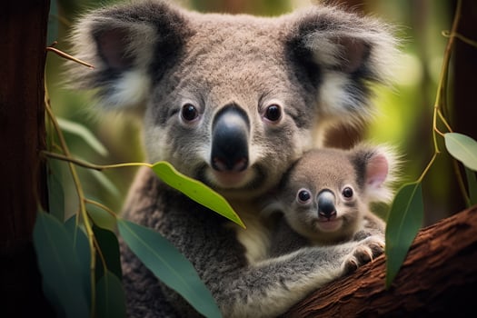 Bonded in love and nourishment a koala mother delicately shares eucalyptus leaves with her adorable joey amidst lush Australian forests photo