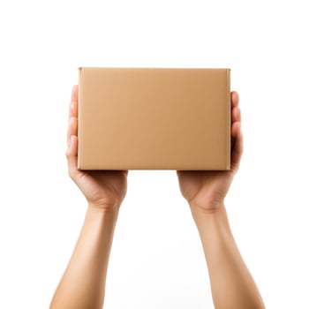 Female hands holding a brown cardboard box. photo
