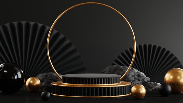 3D rendering podium for black friday sale. realistic 3d design stage podium, round studio, gold neon lights, gift box black, red bow, shopping bag, big percent label discount. photo