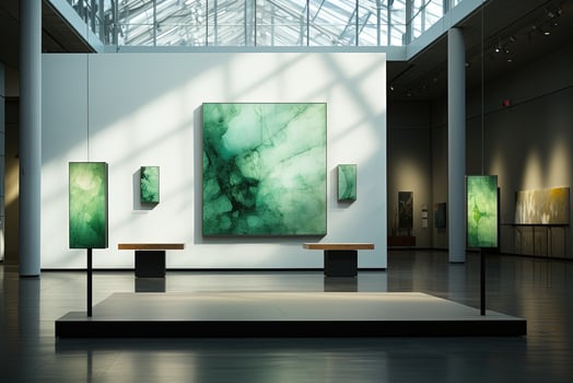 Modern art gallery interior with blank poster on wall. photo