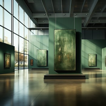 Modern art gallery interior with blank poster on wall. photo