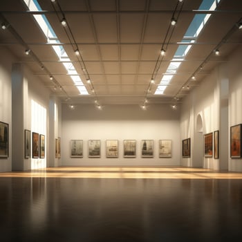 Modern art gallery interior with blank poster on wall. photo