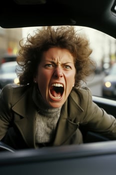 A furious man yells from his car while a woman reacts with wide-eyed frustration in a traffic jam photo