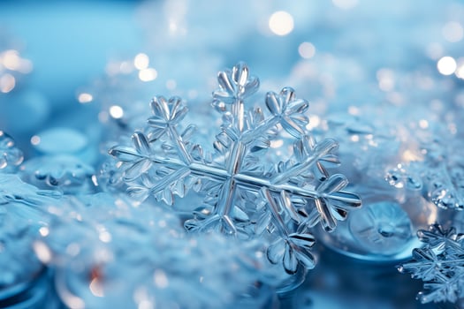A close-up shot captures intricately detailed snowflakes resting gently on a shimmering icy blue surface photo