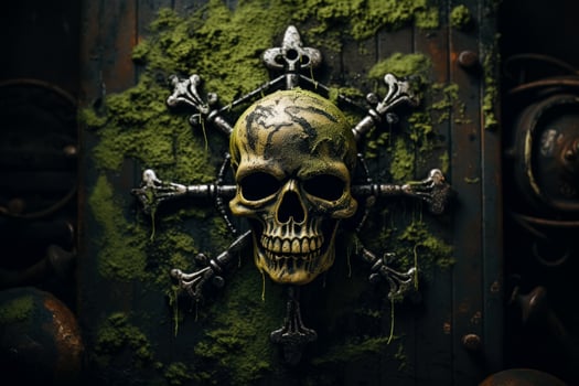 A menacing skull and crossbones emerge from a weathered green backdrop symbolizing danger and adventure photo
