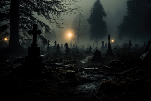 A haunting graveyard scene emerges from the mist as tombstones stand sentinel amidst the eerie gloom photo