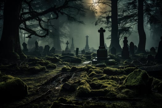 A haunting graveyard scene emerges from the mist as tombstones stand sentinel amidst the eerie gloom photo