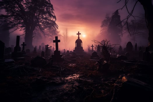 A haunting graveyard scene emerges from the mist with tombstones silhouetted against an eerie purple and gray gradient backdrop photo