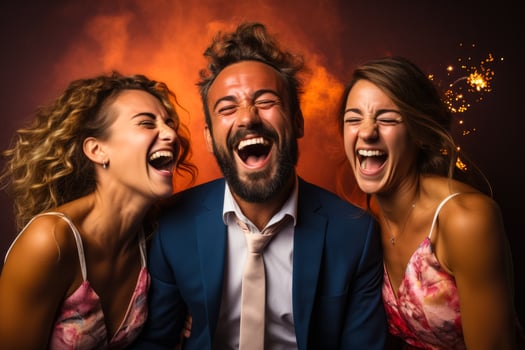 Joyful candid laughter at a wedding reception isolated on a festive gradient background photo