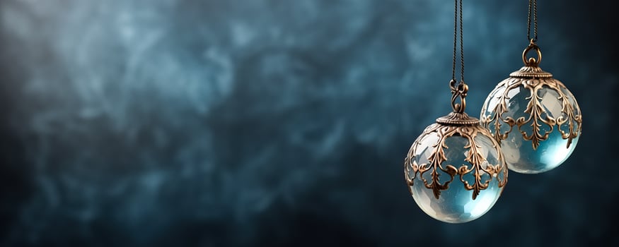 Antique glass ball ornaments kissed with frost hanging isolated on a dusky blue to icy white gradient background photo