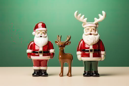 Classic ceramic Santa Claus and reindeer figurines isolated on a festive red and green gradient background photo