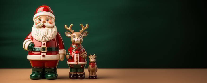 Classic ceramic Santa Claus and reindeer figurines isolated on a festive red and green gradient background photo