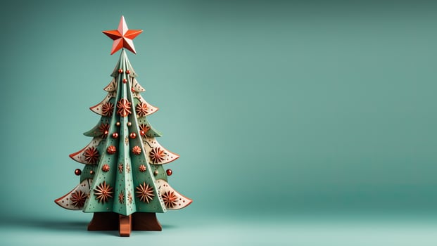 Hand-carved wooden Christmas tree adorned with vintage tin star isolated on a pine green to sky blue gradient background photo