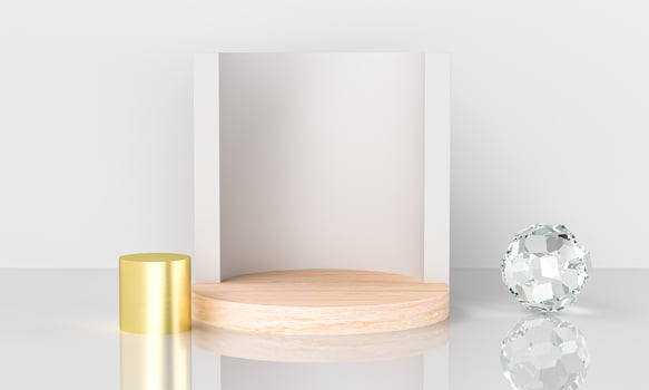 Abstract geometric wood podium with studio on white background. Empty pedestal circle platform for winner award, product presentation, mock up background, stage empty space. Showcase 3d rendering photo