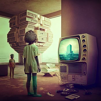 Survivor's Solace Girl Watching TV in Post Apocalyptic City photo