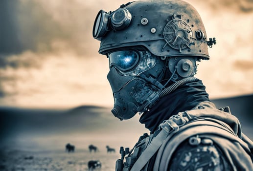 Retrofuturistic Cyborg WWI Soldier on the Battlefield   generative ai photo