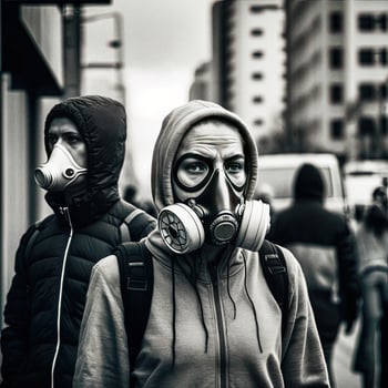 Urban Pollution Masked City Dwellers   generative ai photo