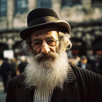 orthodox jewish man, dressed in black, wearing a long beard and a hat   generative AI photo