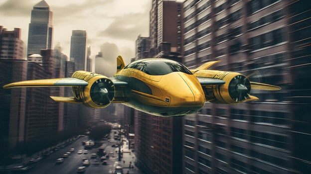 Futuristic Flying Yellow Cab Soaring Over Manhattan   generative ai photo