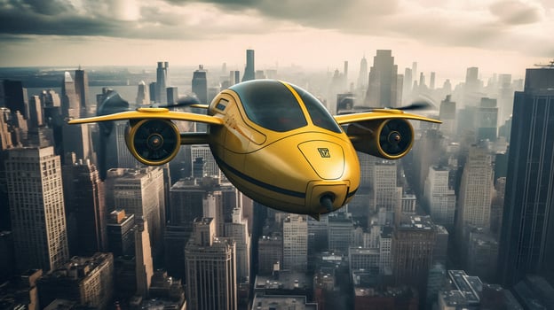 Futuristic Yellow Flying Cab Soaring Over Manhattan   generative ai photo