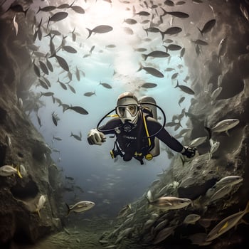 Diver Amidst Enchanted Fish Ballet   generative ai photo