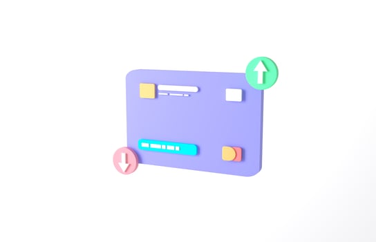 3D rendering blue or purple credit card to online payment, online mobile banking and payment transaction on white background. Correct credit card icon for contactless payments, online shopping concept photo