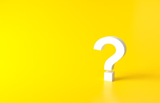 White Question Marks on yellow background. 3D Rendering. Minimal white question mark isolate. Realistic 3d query simple photo
