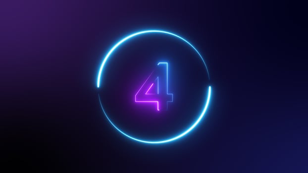 Number 4 glowing in the dark, pink blue neon light. top number one neon light bright glowing. Purple and blue Neon on dark background. winner photo