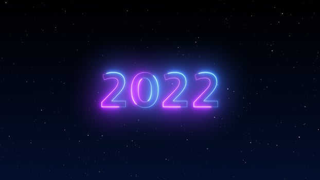 number 2022 neon light bright glowing. 2022 happy New Year dark night sky background with decoration with neon number  on Purple and blue background. illustration winter holiday greeting card template photo