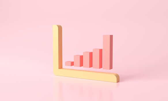 3d rendering pink and yellow bar graph stair step to Arrow growth success. progress way and forward achievement. Data business finance report chart, data analysis development concept. photo