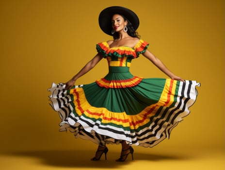 Mexican woman in emotional dynamic pose on solid background AI Generative photo