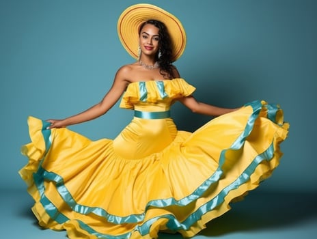 Mexican woman in emotional dynamic pose on solid background AI Generative photo